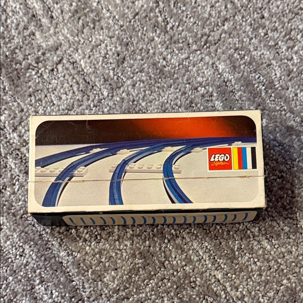Vintage Lego Box with Blue Track Graphics and Red Logo Accent Full Set